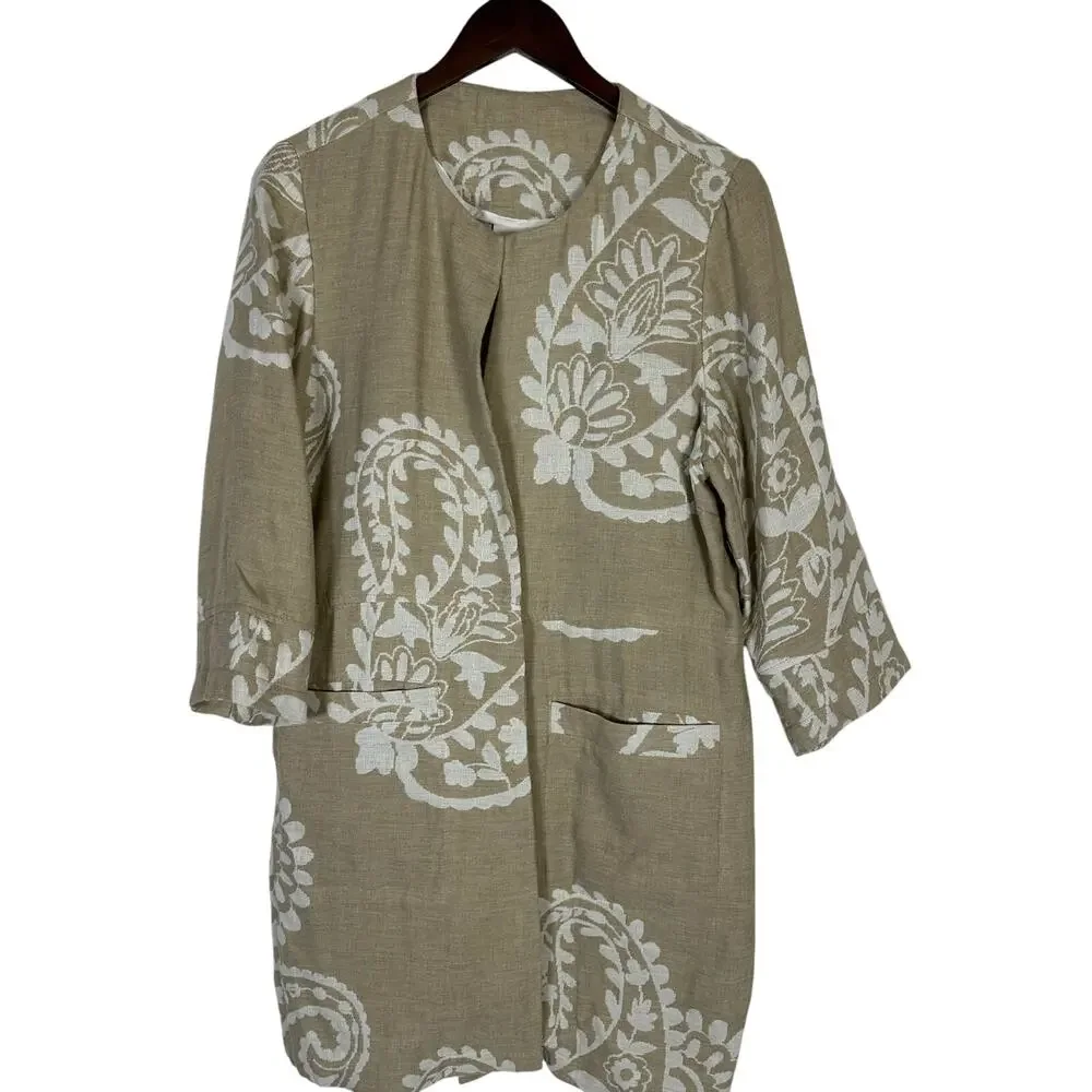 Chico's Oatmeal Cream Jacquard‎ 3/4 Sleeve Jacket Sz 2 (L) Neutral Office Church